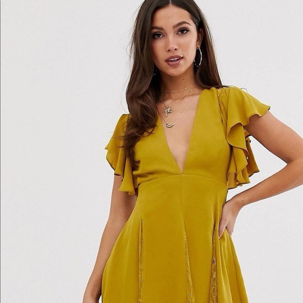 ASOS Yellow Green Plunge Neck Flutter Sleeve Midi Dress